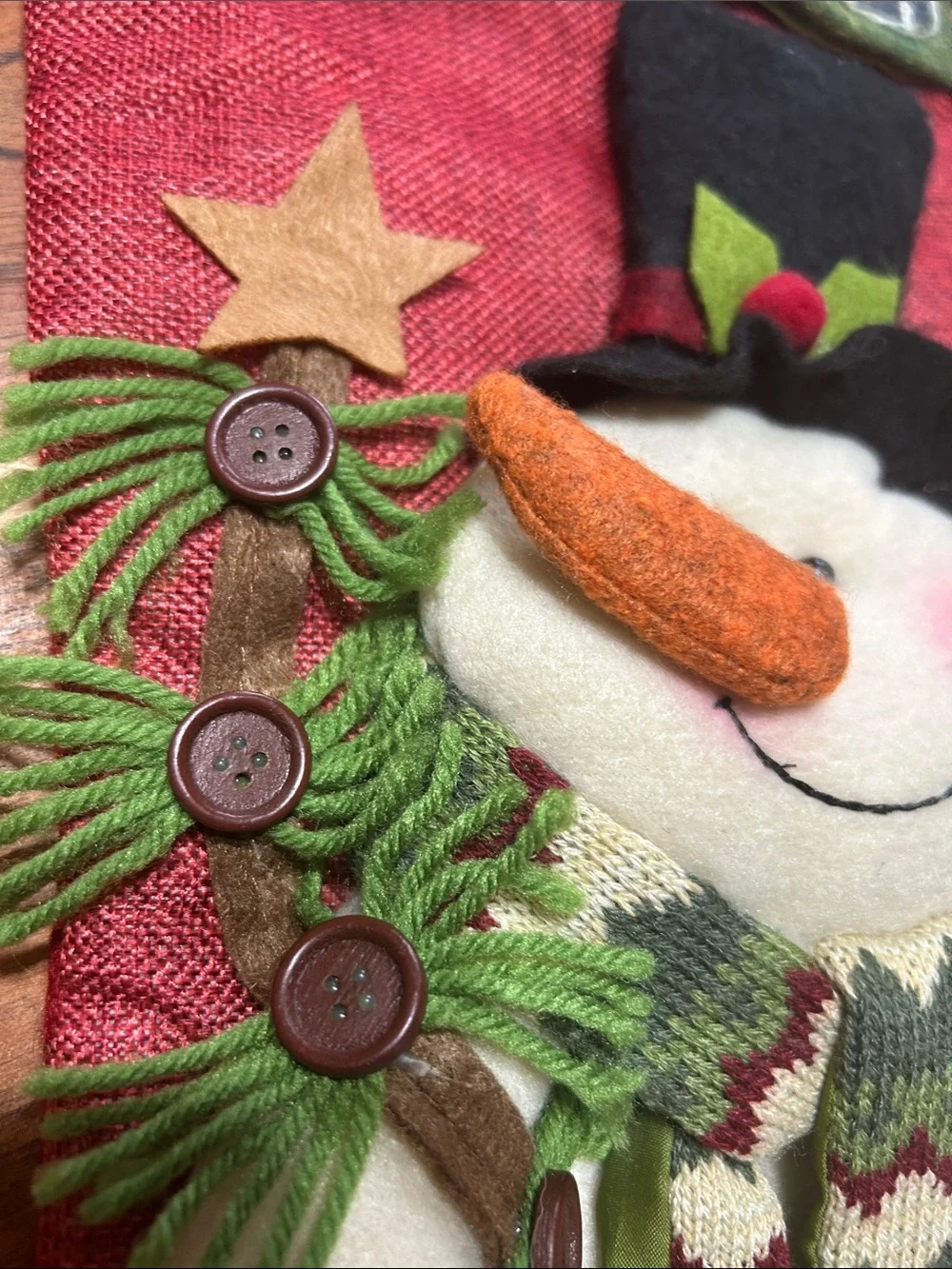 Whimsical 3D Burlap & Felt Snowman Wearing a Scarf Hangable Christmas Stocking